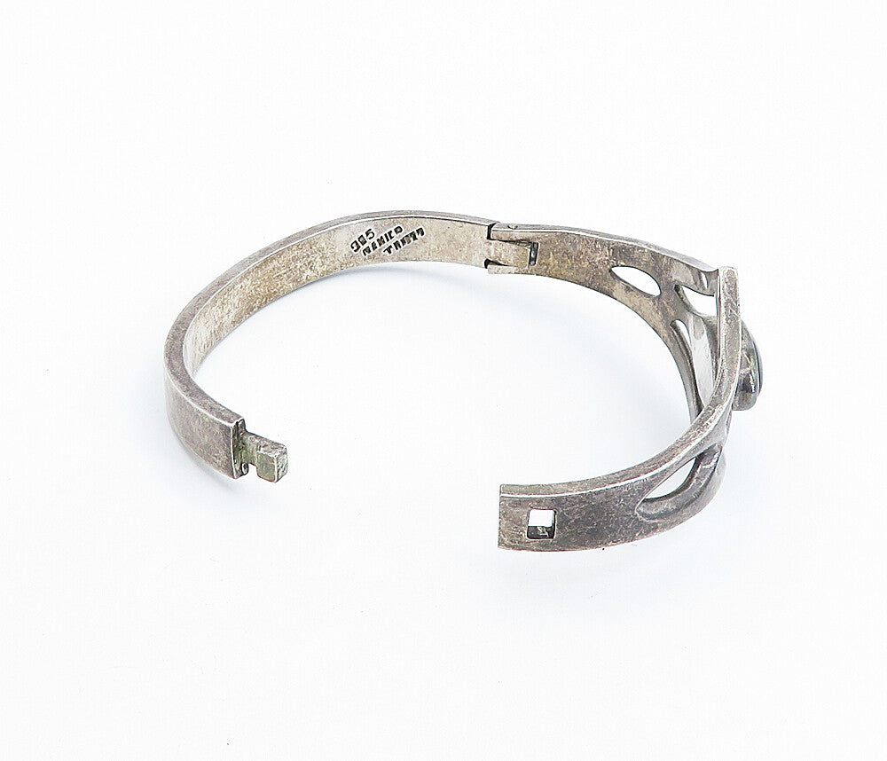 MEXICO 925 Silver  Vintage Black Onyx Dark Tone Open Bangle Bracelet  BT2519