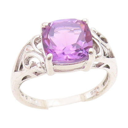 925 Sterling Silver Vintage Ring Square Shape Amethyst Floral Band Sz 5 RG33790
