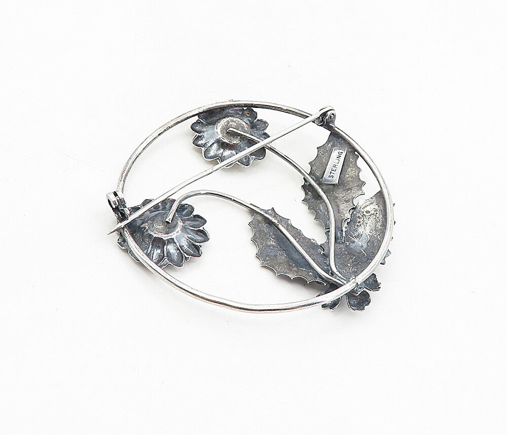 925 Sterling Silver  Vintage Shiny Oxidized Sun Flowers Brooch Pin  BP3072