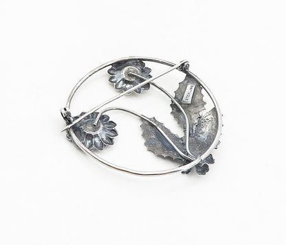 925 Sterling Silver  Vintage Shiny Oxidized Sun Flowers Brooch Pin  BP3072