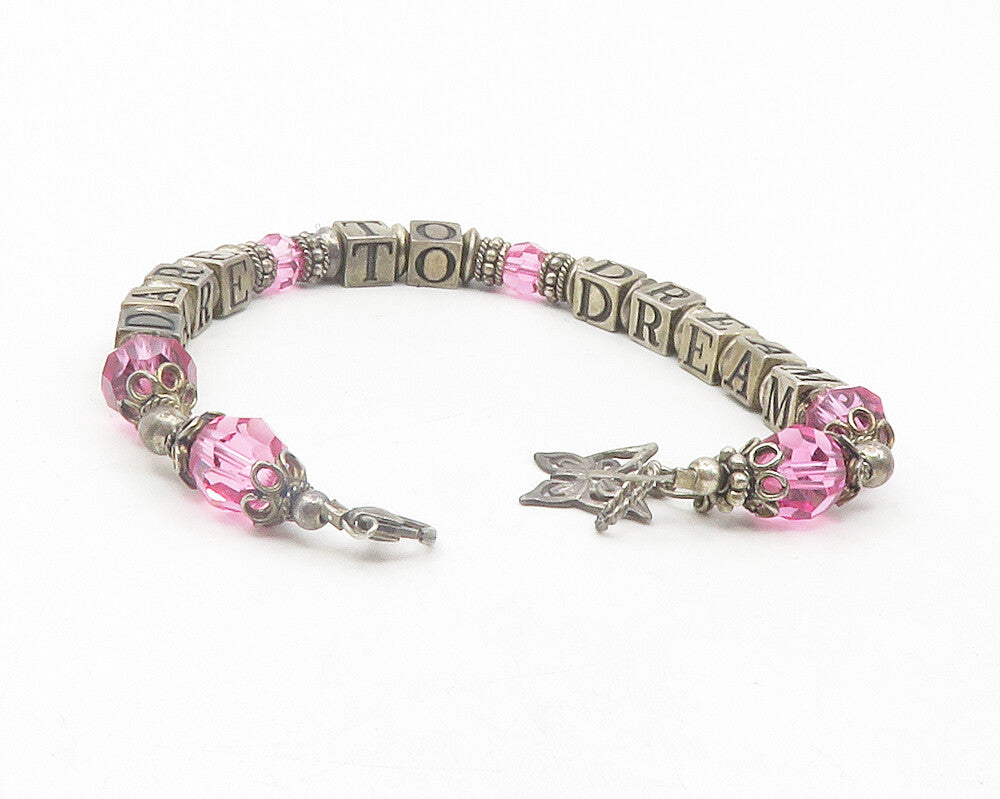 925 Sterling Silver  Vintage Pink Topaz Dare To Dream Beaded Bracelet  BT4744