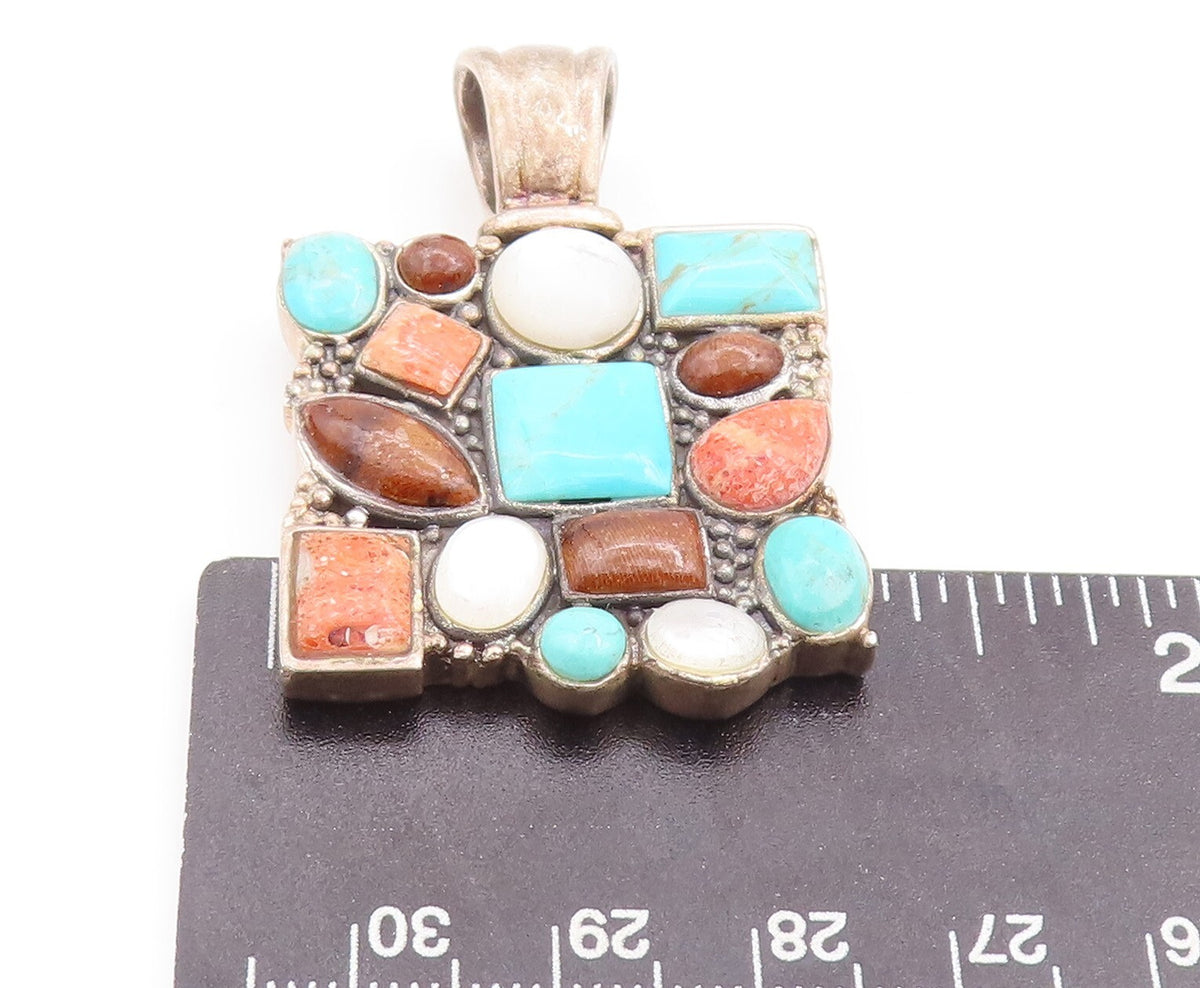 925 Sterling Silver Vintage Pendant Large Square Multi Stone Multi Shape PT23338