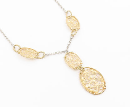 925 Sterling Silver Vintage Necklace Two Tone Floral Filigree Y Drop  NE4940