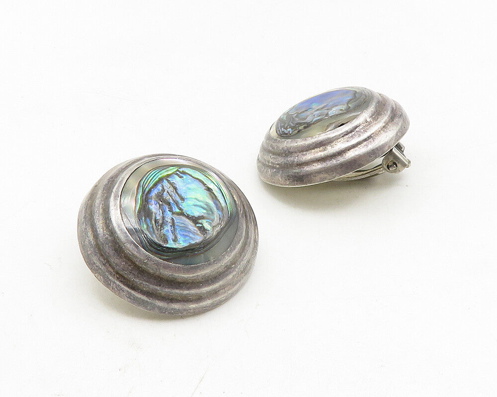 925 Sterling Silver  Vintage Abalone Shell Button Non Pierce Earrings  EG5535