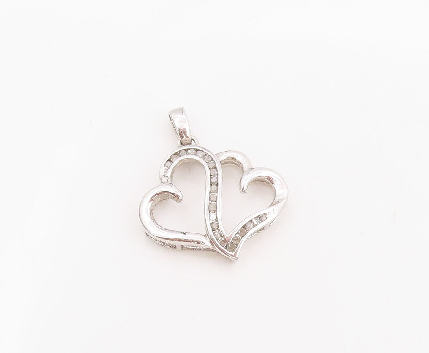 925 Sterling Silver Vintage Pendant Real Diamonds Twin Love Heart Charm  PT25524