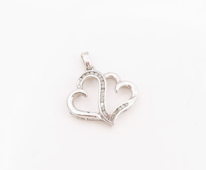925 Sterling Silver Vintage Pendant Real Diamonds Twin Love Heart Charm  PT25524