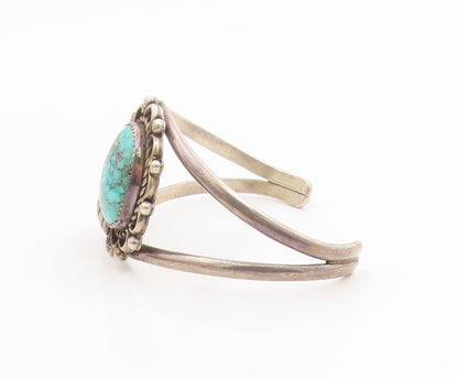 925 Sterling Silver Vintage Bracelet NAVAJO Turquoise Etched Leaf Cuff  BT12000