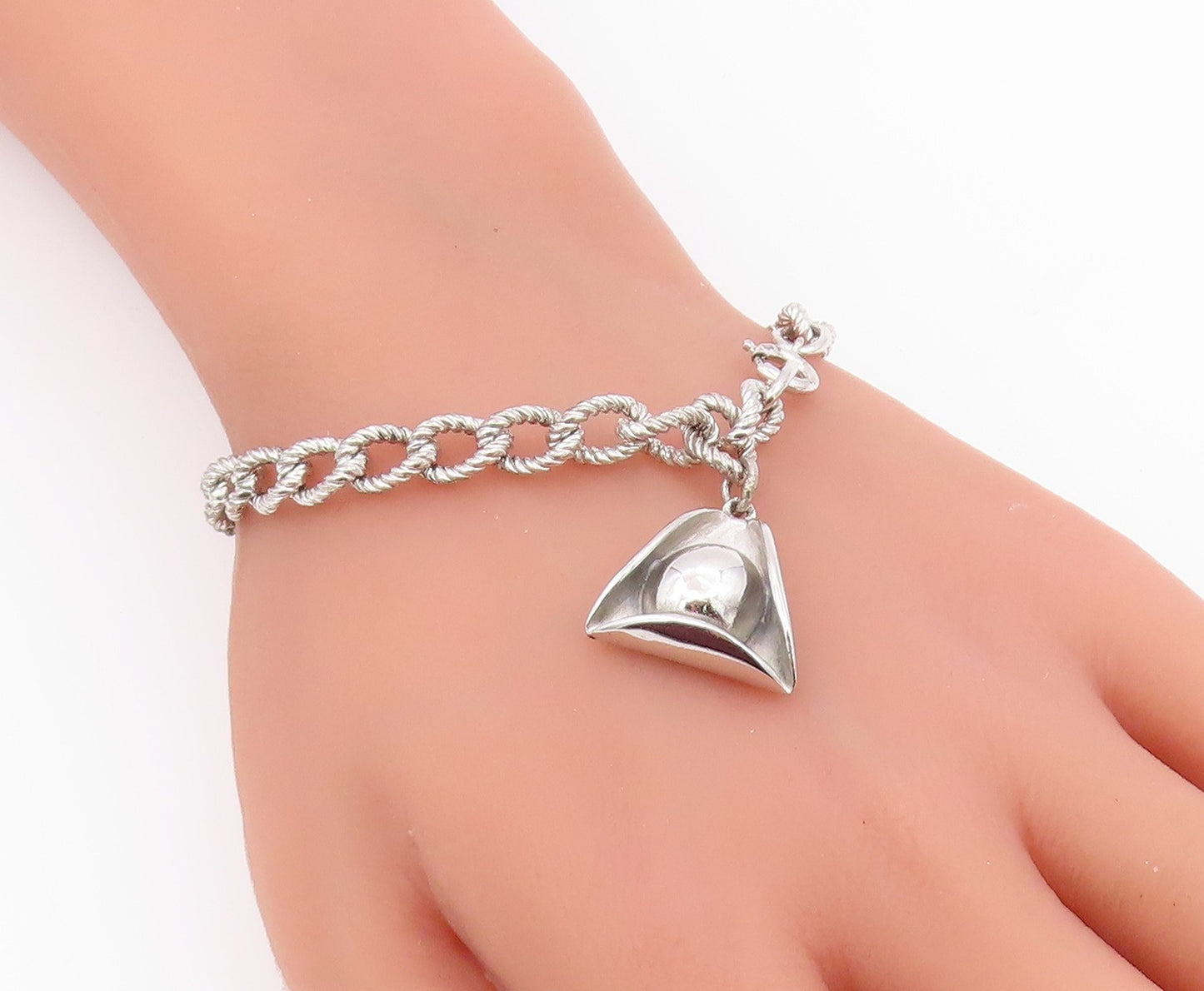 925 Sterling Silver  Vintage Hat Charmed Twist Link Chain Bracelet  BT3770