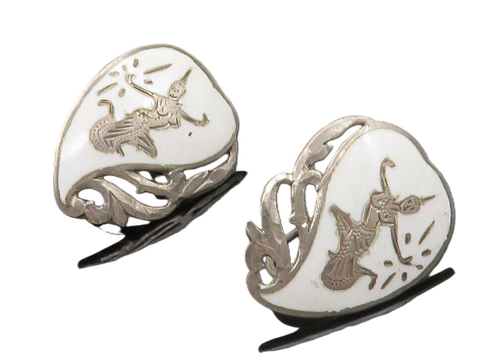 SIAM 925 Sterling Silver  Vintage Niello Dancer Non Pierce Earrings  EG6765