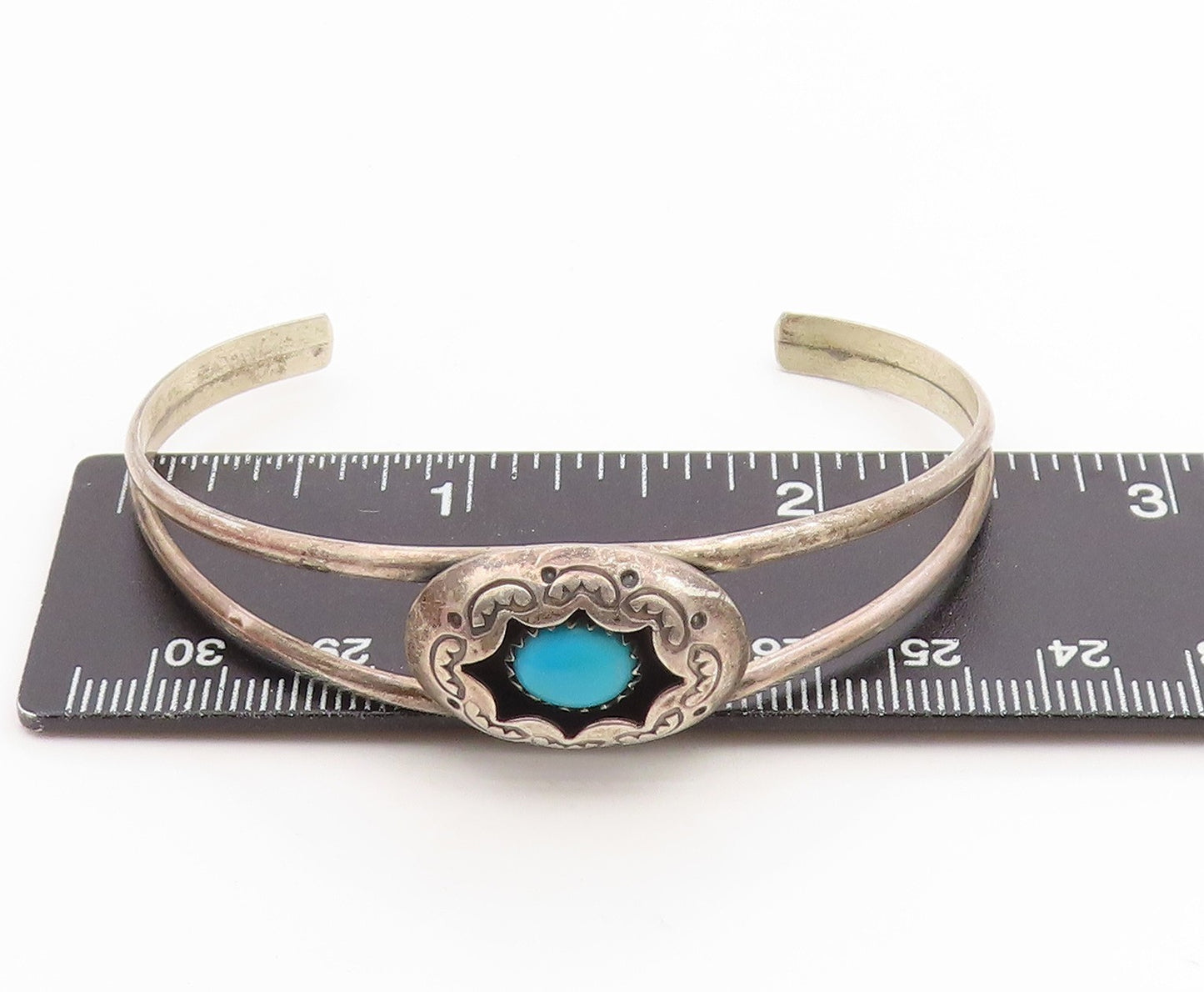 925 Sterling Silver Vintage Bracelet NAVAJO Blue Turquoise Etched Cuff  BT11994