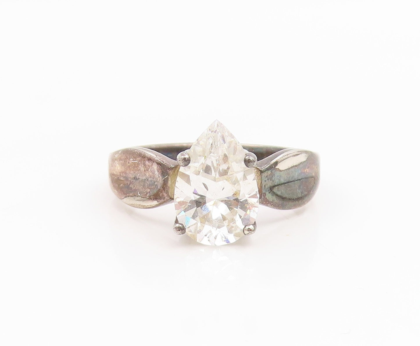 925 Sterling Silver Vintage Ring Pear Cut CZ Solitaire Band  Sz 10  RG35484