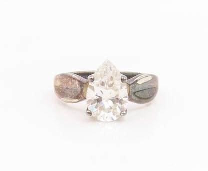 925 Sterling Silver Vintage Ring Pear Cut CZ Solitaire Band  Sz 10  RG35484