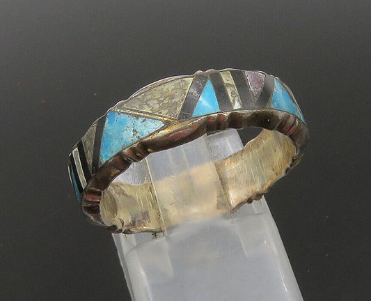 ZUNI NAVAJO 925 Silver  Vintage Turquoise & Mother Of Pearl Ring Sz 8  RG22896