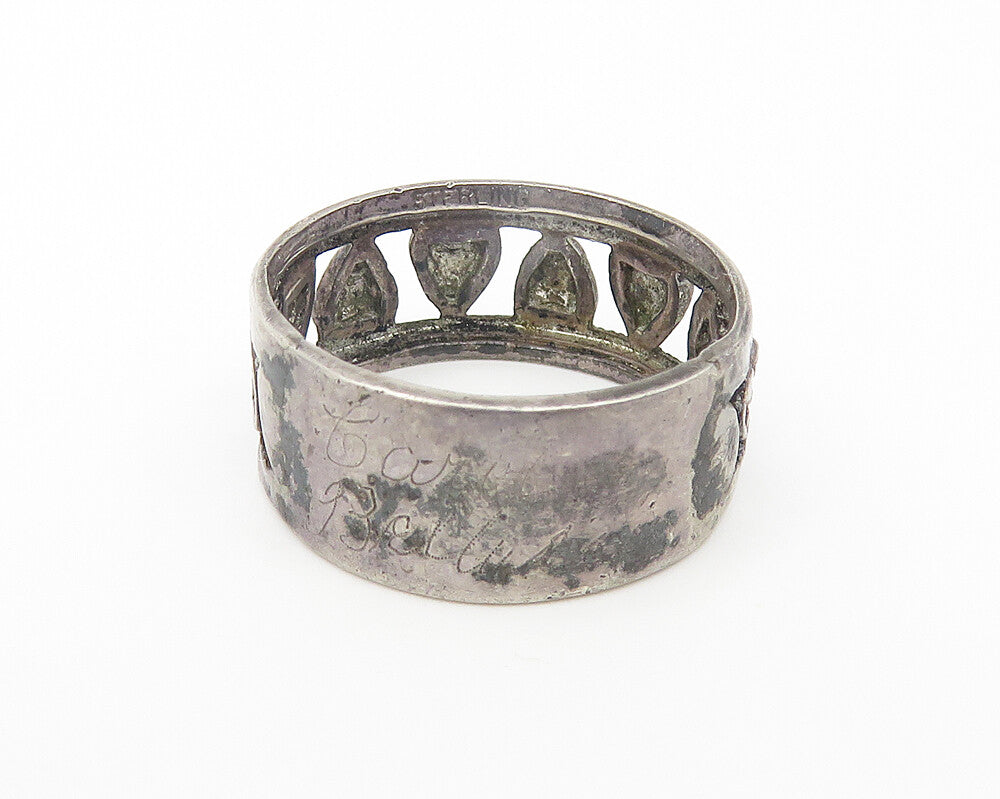 925 Sterling Silver  Vintage Dark Tone Up Down Hearts Band Ring Sz 6  RG10611