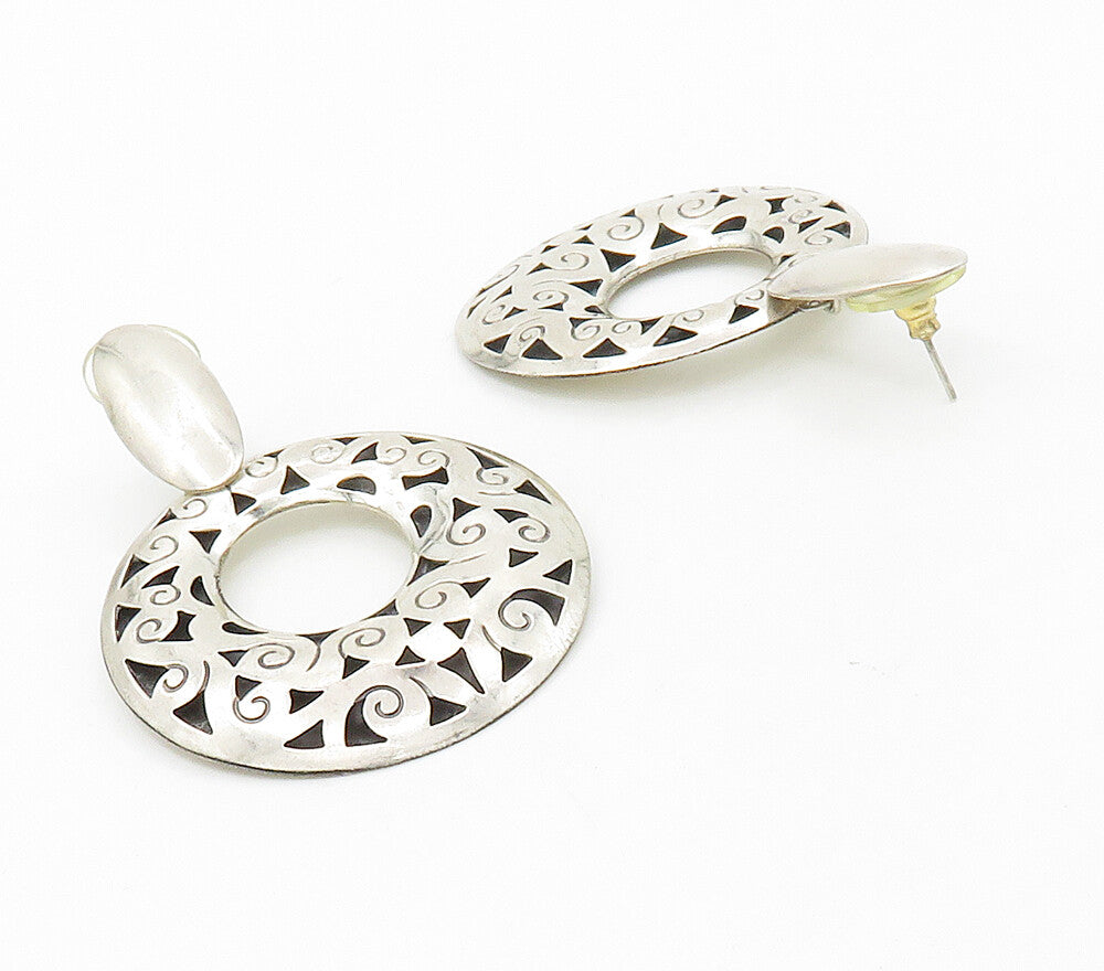 925 Sterling Silver  Vintage Shiny Cutout Swirl Detail Dangle Earrings  EG8345