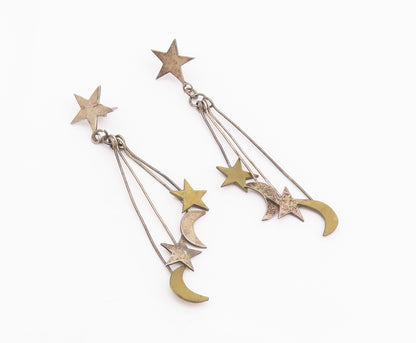 925 Sterling Silver Vintage Earrings Modernist Drop Cutout Moon & Stars  EG13653