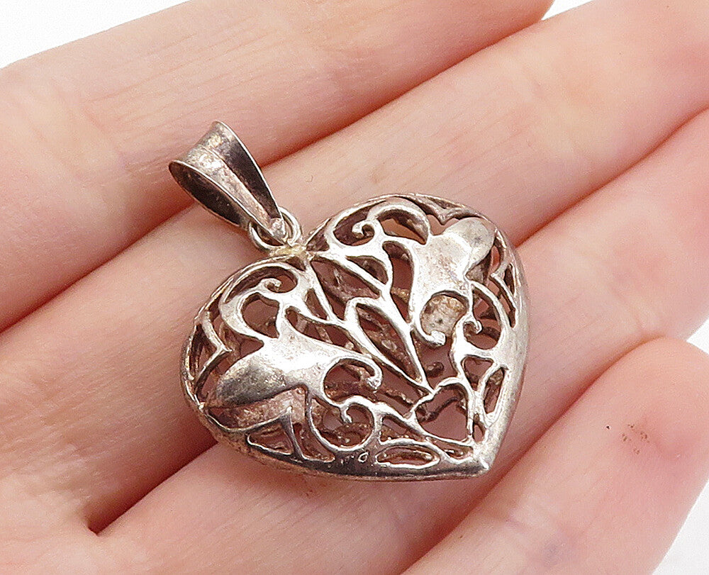 925 Sterling Silver  Vintage Swirl Cutout Design Love Heart Pendant  PT5139