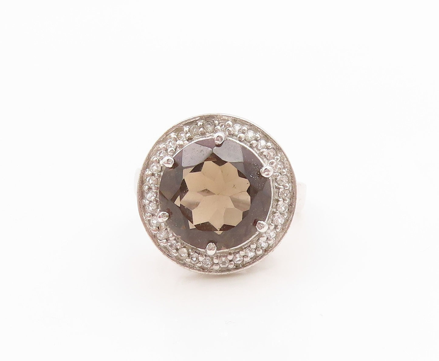 925 Sterling Silver Vintage Ring Smoky Quartz & Halo Topaz Band  Sz 6  RG35760