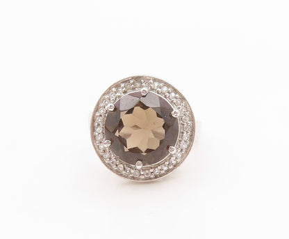 925 Sterling Silver Vintage Ring Smoky Quartz & Halo Topaz Band  Sz 6  RG35760
