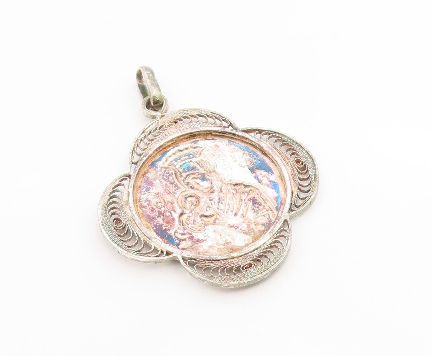 925 Sterling Silver Vintage Pendant Religious Virgin Mary Filigree  PT25942