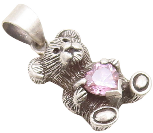 925 Sterling Silver Vintage Pendant Dark Tone Teddy With Pink CZ Heart  PT23698