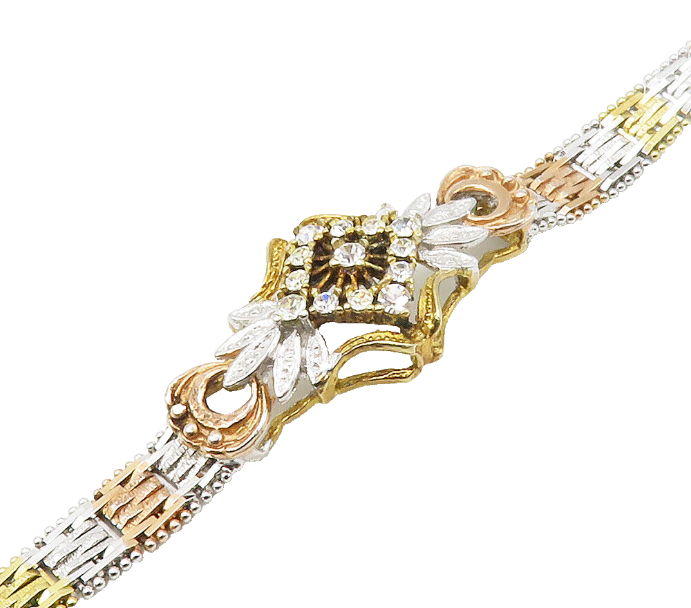 925 Sterling Silver  Shiny Cubic Zirconia Three Tone Chain Bracelet  BT6584