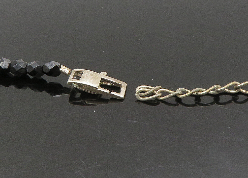 925 Sterling Silver  Vintage Black Spinel Beaded Floral Chain Necklace  NE3711