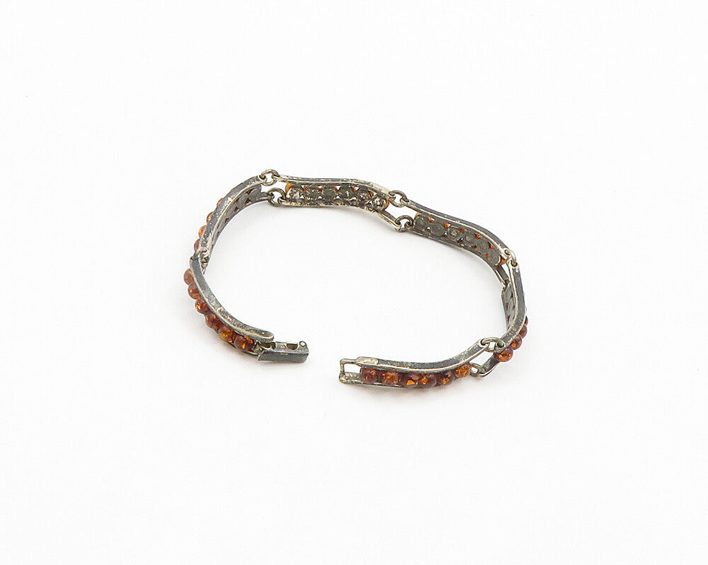 925 Sterling Silver  Vintage Cabochon Cut Amber Bar Chain Bracelet  BT7893