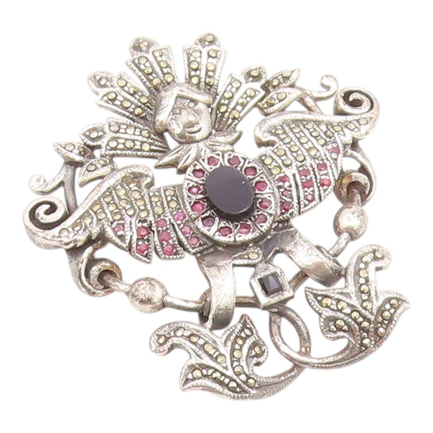 925 Sterling Silver Vintage Brooch Pin Onyx  & Ruby Winged Goddess  BP12590