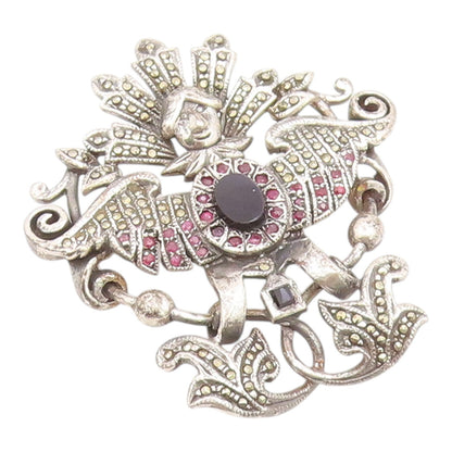925 Sterling Silver Vintage Brooch Pin Onyx  & Ruby Winged Goddess  BP12590