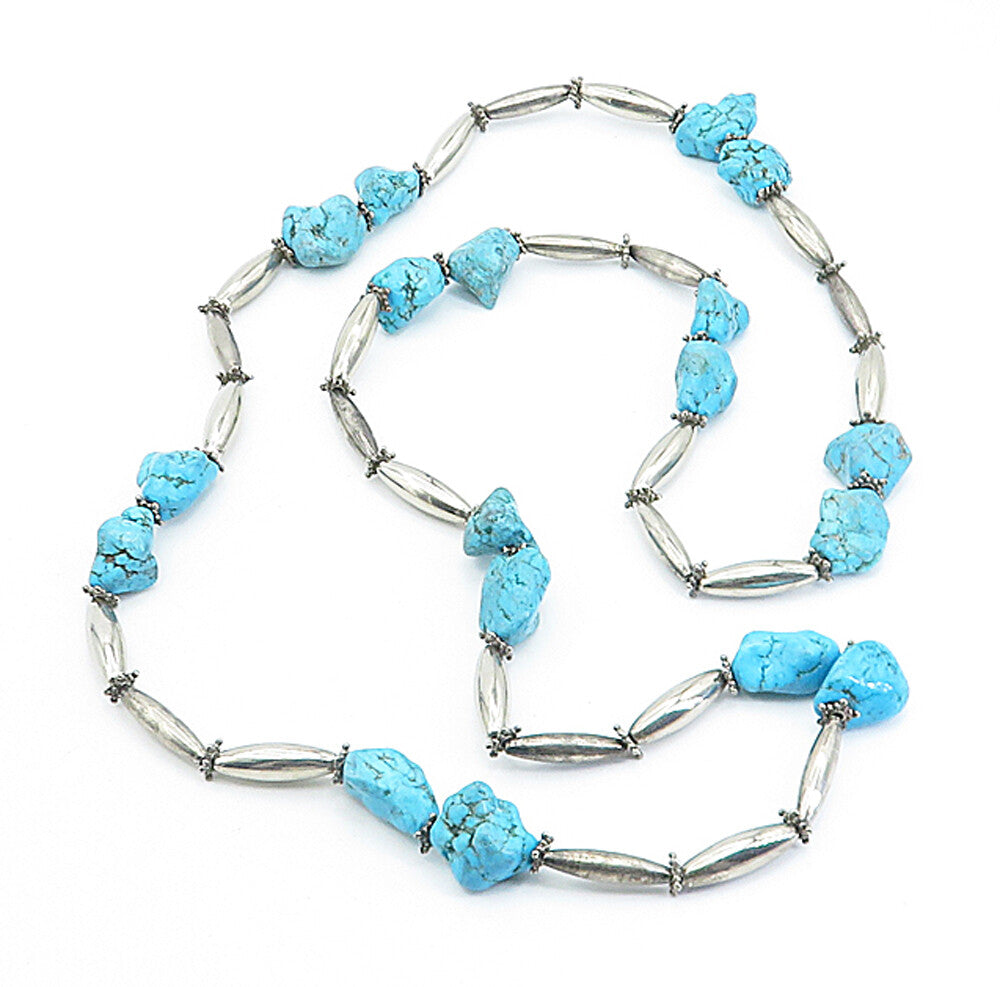 925 Sterling Silver  Vintage Rough Turquoise Barrel Bead Chain Necklace NE1040