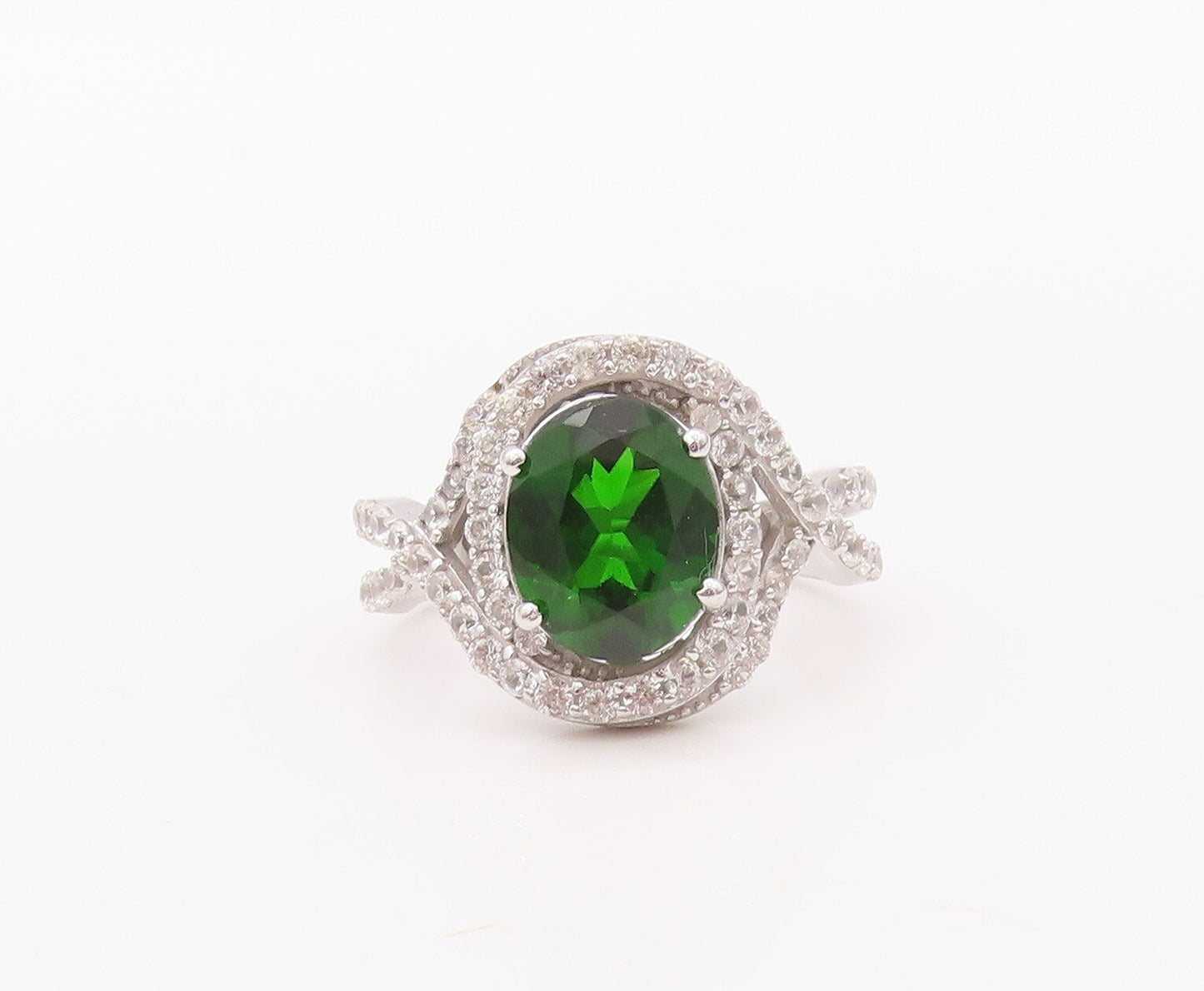 925 Sterling Silver Vintage Ring Oval Cut Green Halo White CZ  Sz 7 RG30854