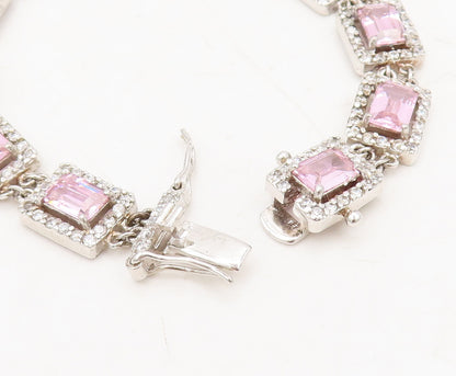 925 Sterling Silver Vintage Bracelet Rectangle Link Pink Halo White CZ  BT10249
