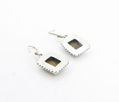 925 Sterling Silver  Vintage Brown Jasper Square Shiny Dangle Earrings  EG3774