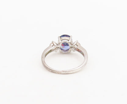 925 Sterling Silver Vintage Ring Oval Sapphire Round CZ Sidestone Sz 7.5 RG29042