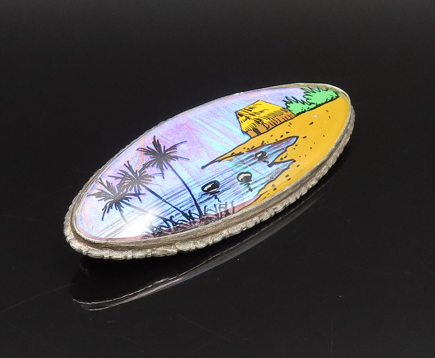 BRAZIL 925 Sterling Silver  Vintage Beach Scenery Art Glass Brooch Pin  BP9804