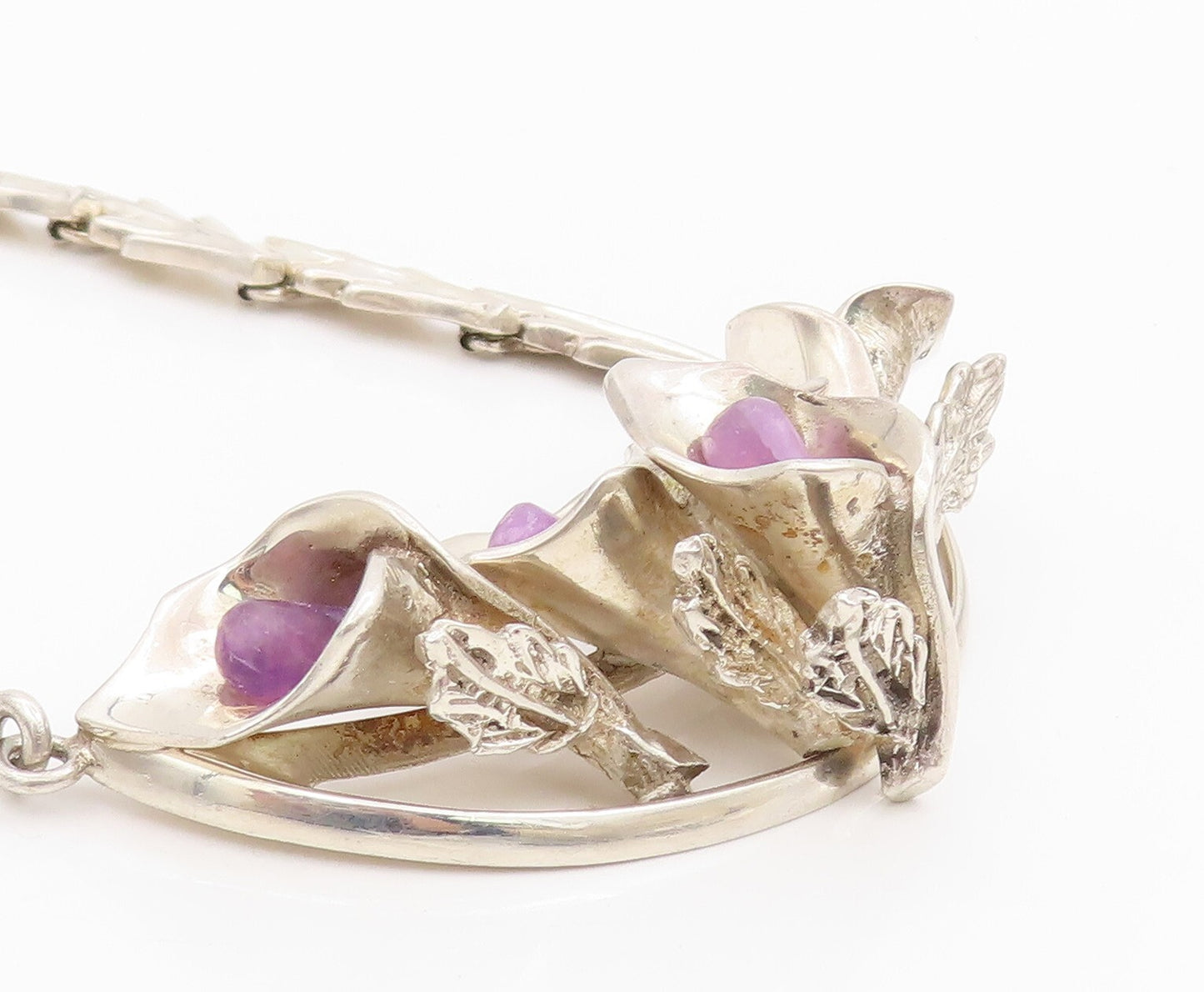 925 Sterling Silver Vintage Necklace MEXICO Heavy Cutout Gemstone Lily  NE4476