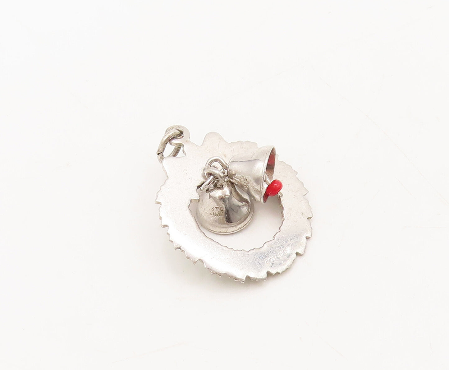 925 Sterling Silver Vintage Pendant Christmas Wreath With Movable Bells  PT22588