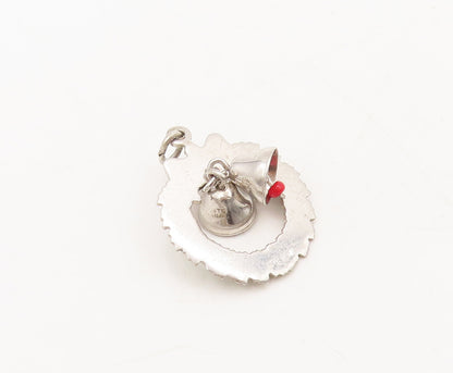925 Sterling Silver Vintage Pendant Christmas Wreath With Movable Bells  PT22588