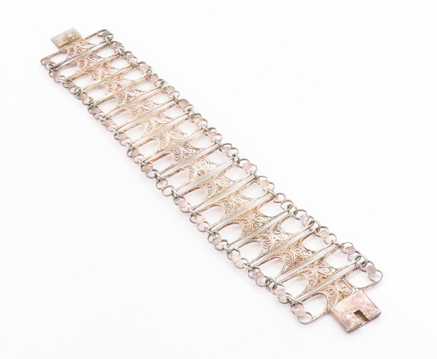 925 Sterling Silver Vintage Bracelet Intricate Filigree Wide Panel Link  BT12040