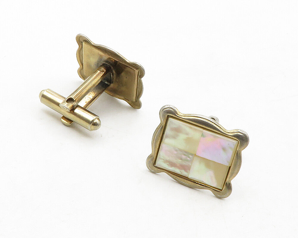 925 Sterling Silver  Vintage Shiny Mother Of Pearl Square Cufflinks  TR1968