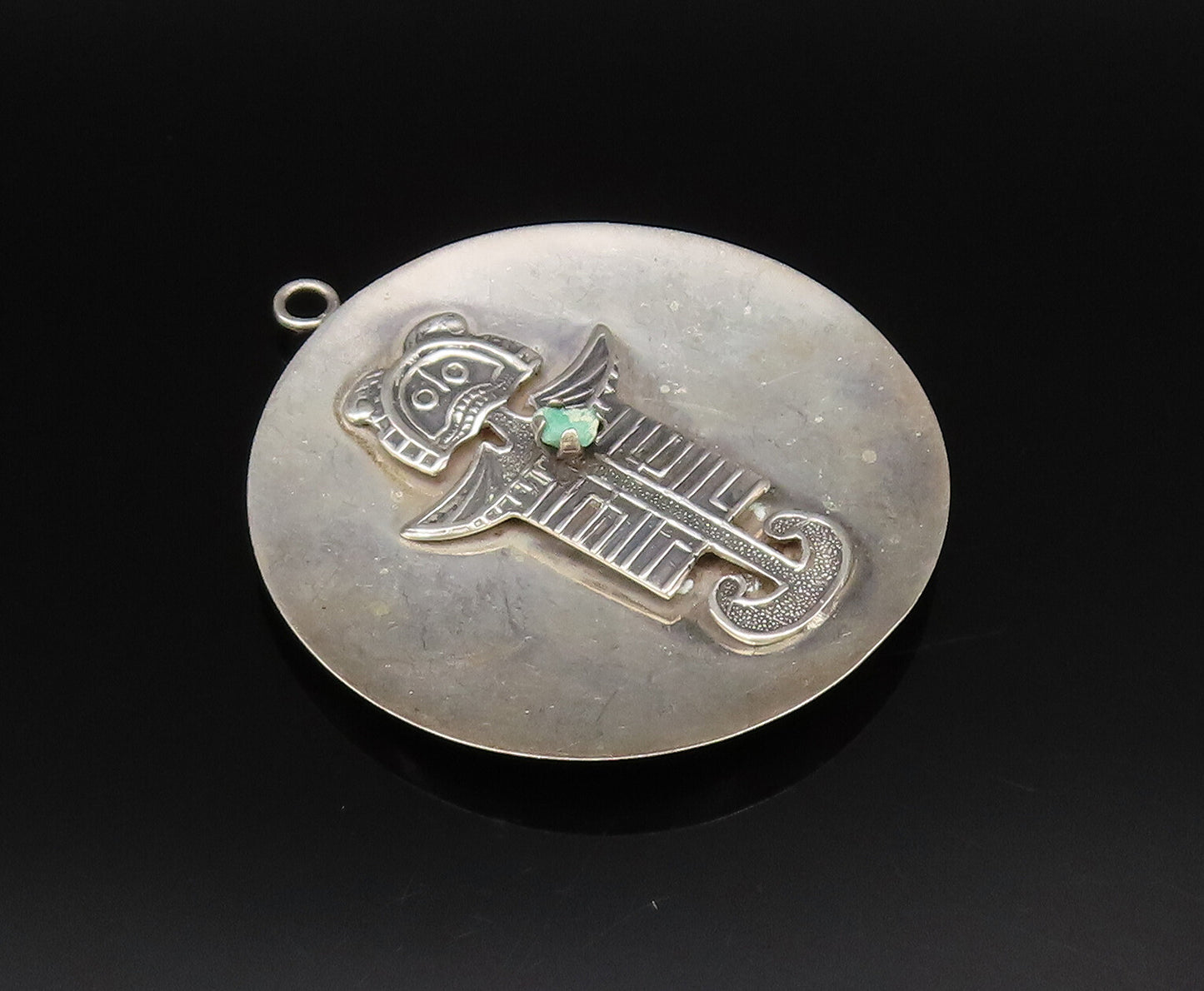 925 Silver  Vintage Carved Figure With Tumbled Jade Disc Pendant  PT21817