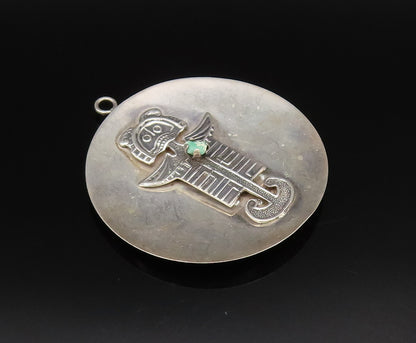 925 Silver  Vintage Carved Figure With Tumbled Jade Disc Pendant  PT21817