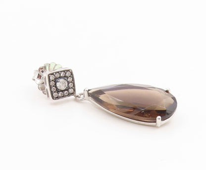 925 Sterling Silver Vintage Earrings Classic Smoky Quartz & CZ Teardrop  EG14350