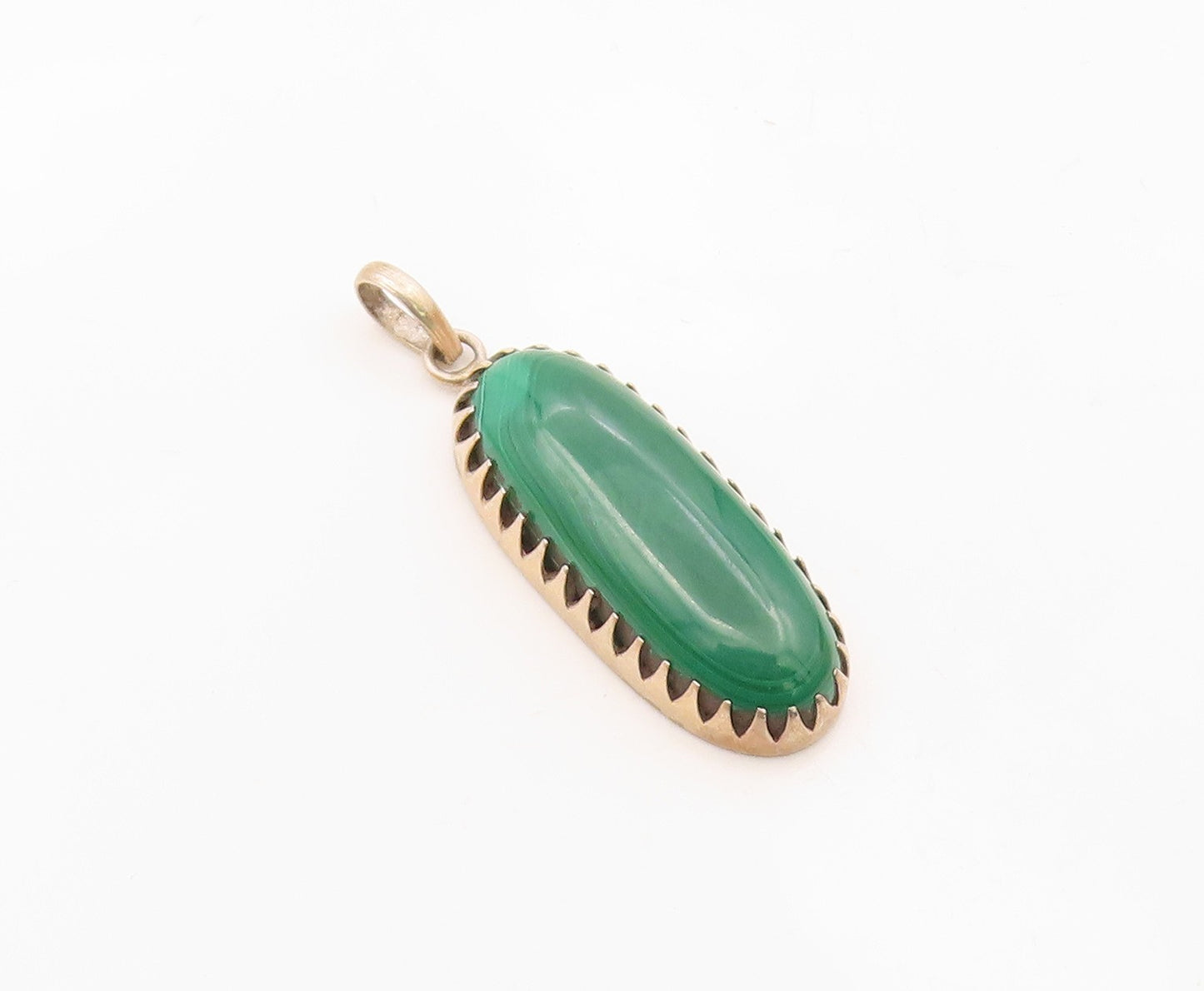 925 Sterling Silver  Vintage Cabochon Cut Malachite Oblong Pendant  PT16351