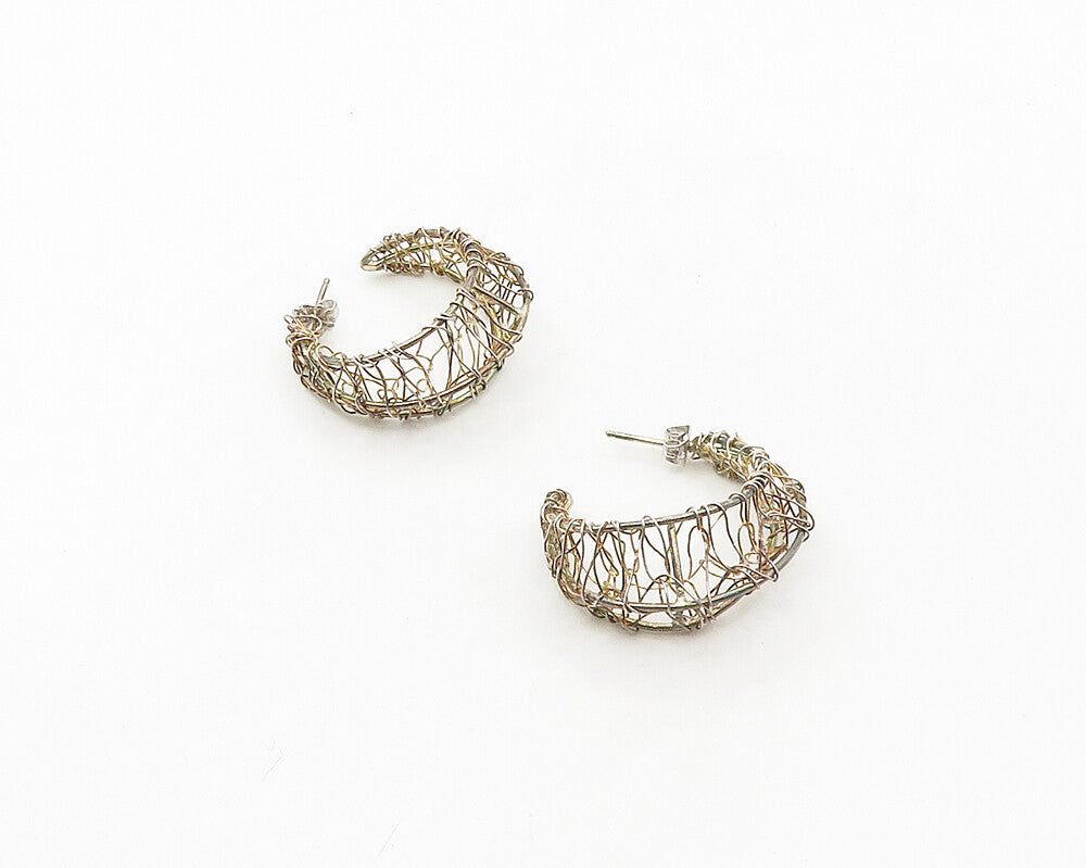 925 Sterling Silver  Vintage Shiny Modernist Wire Art Hoop Earrings  EG9244