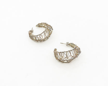 925 Sterling Silver  Vintage Shiny Modernist Wire Art Hoop Earrings  EG9244
