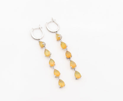 925 Sterling Silver Vintage Earrings Faceted Pear Cut Opal & CZ Dangles  EG13851