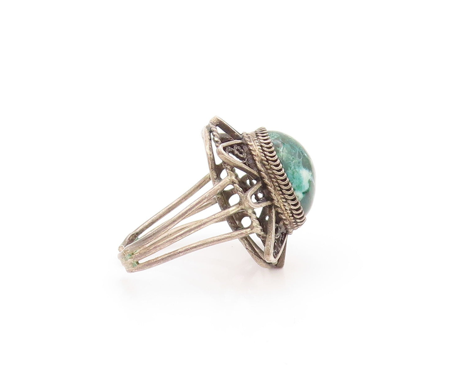 925 Sterling Silver Vintage Ring Dark Tone Gemstone Sun Cutout  SZ 8  RG32181