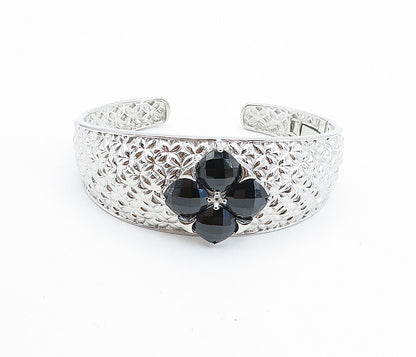 925 Sterling Silver  Black Hematite Flower Patterned Cuff Bracelet  BT2887